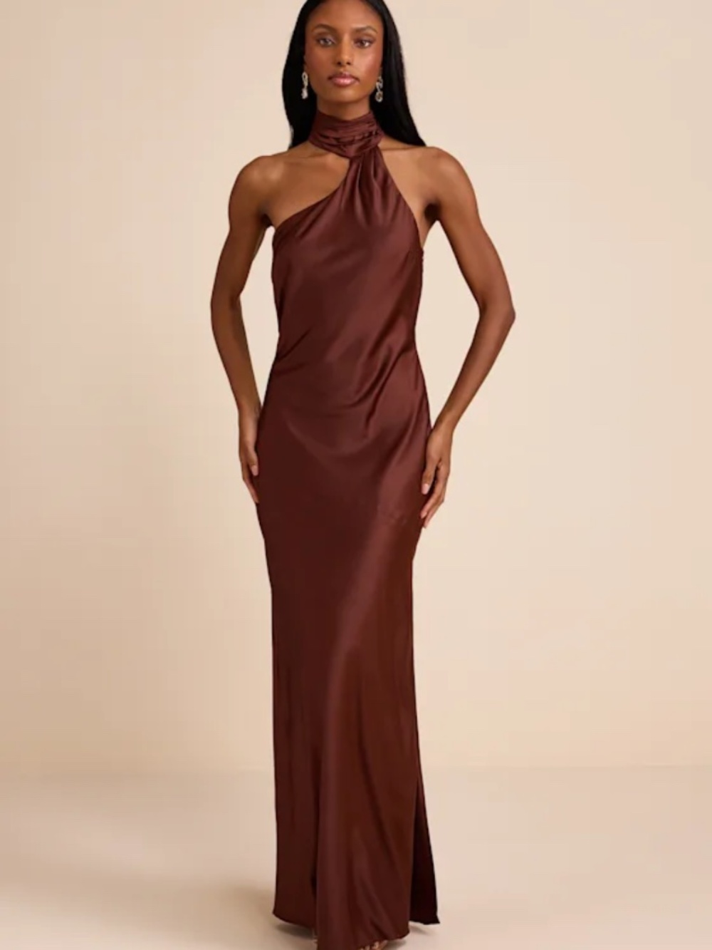 Lulus Madalena Dark Brown Satin Cowl Back Maxi Dress - Size Medium